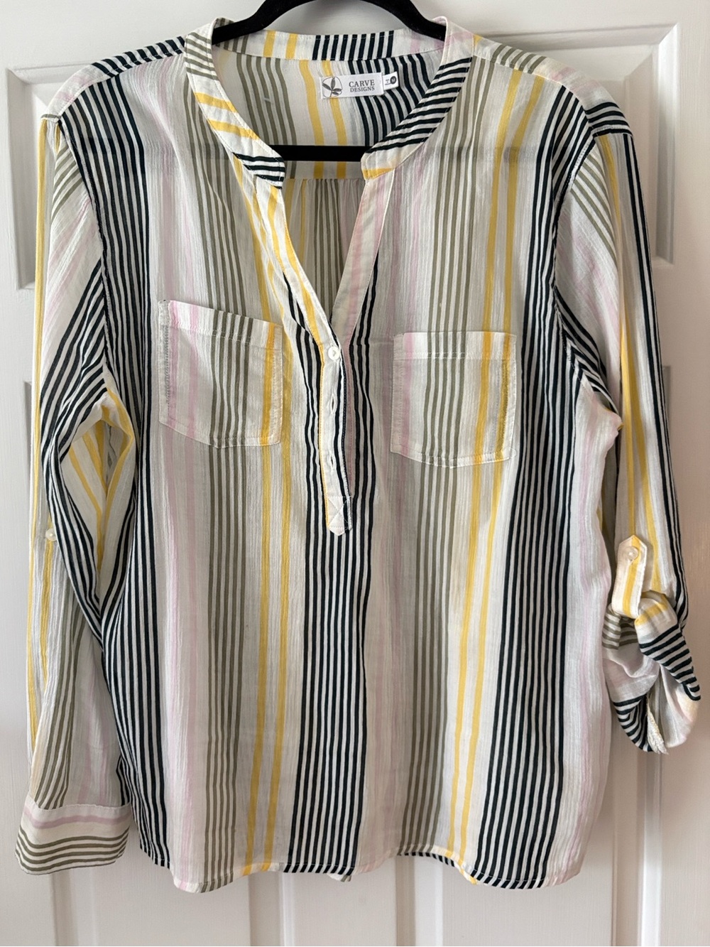 Carve Designs Dylan gauze Striped Button-Front Tunic Top - Yellow, Black, Pink